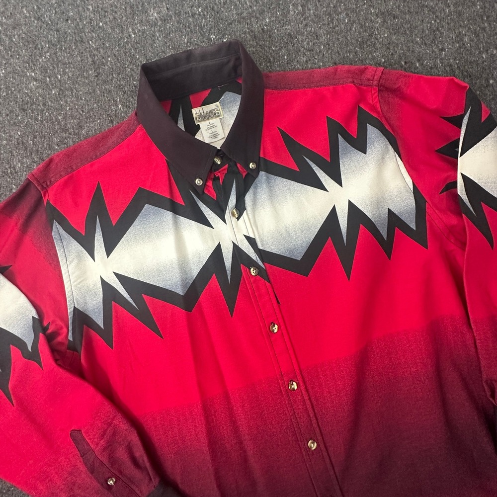EVtg 90s Express Rider Western Shirt Mens Lrg Red Aztec Lightning Cowboy Cotton